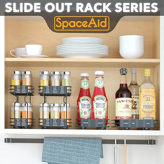 SpaceAid Pull Out Spice Rack Organizer for Cabinet, Heavy Duty Slide Out Seasoning Kitchen Organizer, Cabinet Organizer, with Labels, 4.5" W x10.75 D x8.5 H, 1 Drawer 2-Tier