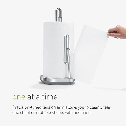 simplehuman Tension Arm Standing Paper Towel Holder, Heavy-Duty, Easy One-Handed Tear, Countertop Kitchen Paper Towel Dispenser, White Stainless Steel