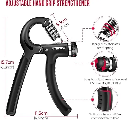 FitBeast Hand Grip Strengthener Workout Kit (5 Pack), 2 Forearm Grip Adjustable Resistance Hand Gripper, Finger Stretcher, Grip Ring & Stress Relief Grip Ball for Athletes