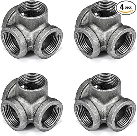 1" 4-Way Side Outlet Tee, Home TZH 4-Pack 4-Way Corner Cast Black Malleable Iron Pipe Fitting for Industrial Pipe, Furniture and DIY Decoration (4, 1")