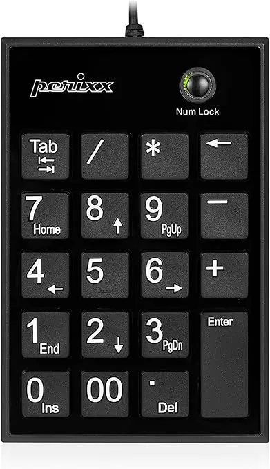 Perixx PPD-202 Wired 19 Keys Slim Numeric Keypad, Big Print Font, Silent Notebook Scissor Key Number Keypad with Tab Key and Num Lock, Black