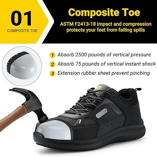 FitVille Extra Wide Steel Toe Shoes for Men Wide Waterproof Leather Composite Toe Work Shoes for Men Slip Resistant
