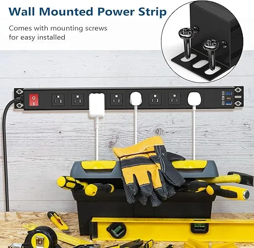 8 Outlet Heavy Duty Power Strip with USB PD 20W, BTU Surge Protector 6FT Cord Long Power Strip with USB A & USB C, Wide Spaced and Wall Mount Metal Powerstrip for Home Office Garage Workshop