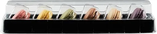 Restaurantware Shock Safe 11 x 2.4 x 2 Inch Macaron Take Out Boxes 100 Durable Display Boxes - Fits 6 Macarons Disposable Black PET Plastic Macaron Boxes Shockproof Clear Lid And Cover