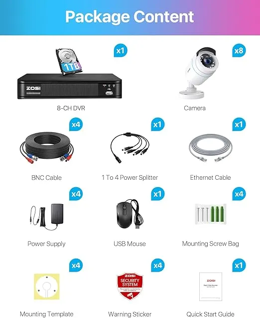 ZOSI H.265+ Home Security Camera System with AI Human Vehicle Detection, 5MP 3K Lite 8 Channel CCTV DVR Recorder and 8 x 1080p Weatherproof Bullet Camera Outdoor Indoor, 80ft Night Vision, 1TB HDD