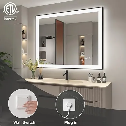 SMIROR 48x40 Black Led Mirror for Bathroom Wall, Lighted Vanity Mirrors with Lights, Dimmable, Anti-Fog, Shatterproof, ETL Listed (Front Lit and Backlit)