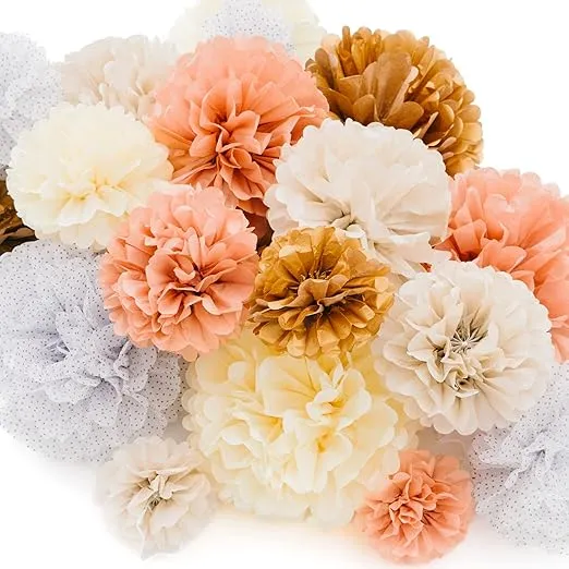 PapaKit Party Tissue Pom Pom Paper Flower Set, for Birthday Party Baby Shower Wedding Engagement Bachelorette Event Decoration (Rustic Neutral, 20 Piece Set)