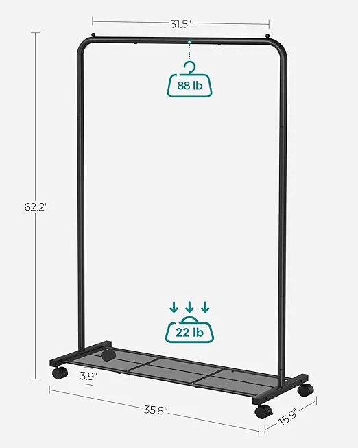 SONGMICS Clothes Rack with Wheels, Clothing Rack for Hanging Clothes, 25.4 mm Metal Garment Rack with Dense Mesh Storage Shelf, 110 lb Load Capacity, 2 Brakes, Black UHSR25BK