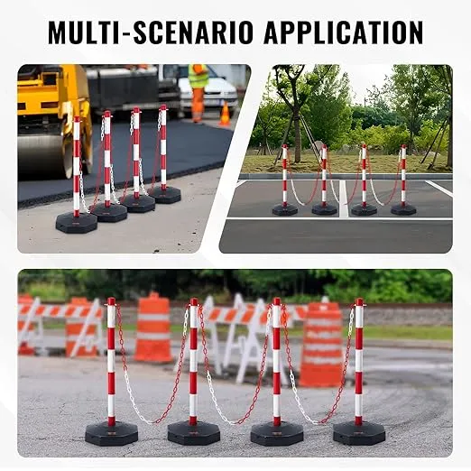VEVOR Adjustable Traffic Delineator Post Cones, 4 Pack, Traffic Safety Delineator Barrier with Fillable Base 8FT Chain, for Traffic Control Warning Parking Lot Construction Caution Roads, Red & White