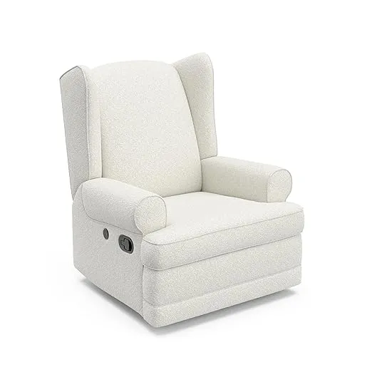 Storkcraft Serenity Wingback Glider with USB Charging Port (Ivory Boucle) - Reclining Nursery Rocking Chair with 360° Swivel Base, Elegant Design for Comfort & Relaxation