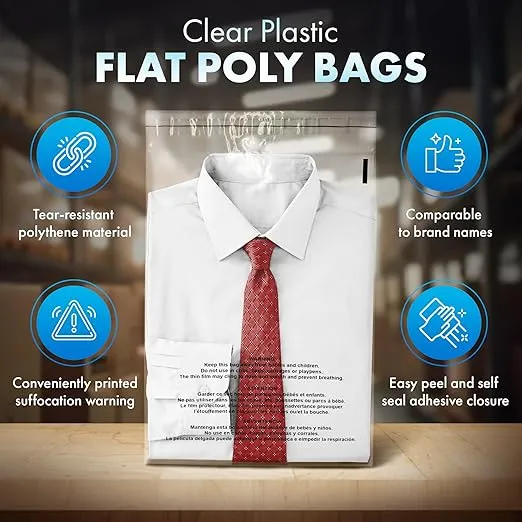 Shop4Mailers Clear Plastic Flat Poly Bags with Suffocation Warning Self Seal Adhesive 1.5 Mil for Business FBA Packaging, Jewelry, Clothes, Prints, Storage – Resealable Pack of 200 (12 x 15.5)