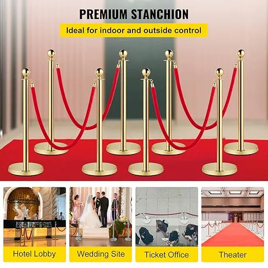 VEVOR Crowd Control Stanchion, Set of 8 Pieces Stanchion Set, Stanchion Set with 5 ft/1.5 m Red Velvet Rope, Gold Crowd Control Barrier with Sturdy Concrete and Metal Base
