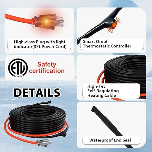 HEATIT JHSF 140ft Self-Regulating Pipe Heating Cable for Pipe Freeze Protection, Automatic with Built-in Thermostat for Metal And Plastic Home Pipes, Energy-Saving Heat Tape for Pipes ETL Listed, 120V