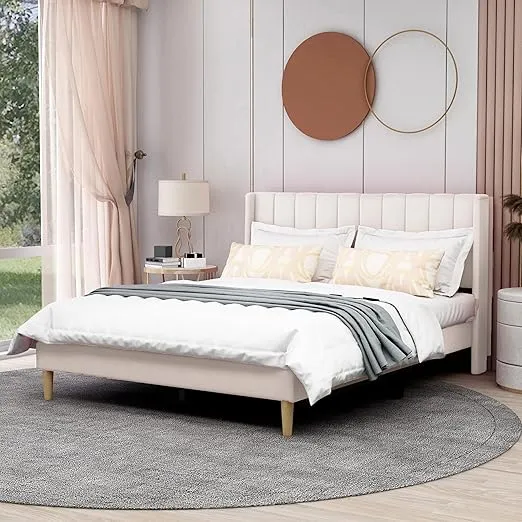 AGARTT Upholstered Platform Bed Frame Queen Size with Headboard and Footboard/Wooden Slats Support/No Box Spring Needed/Easy Assembly, Beige Velvet