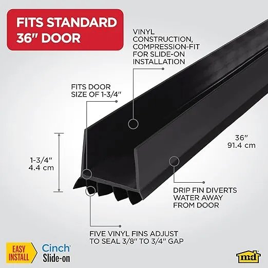 M-D Building Products 43339 Vinyl Cinch® U-Shape Slide-On Under Door Seal, Easy-to-Install, Energy-Saving, Weatherproof Seal for Doors, Effective Draft Blocker, Ideal for Home (36 Inch, Black)