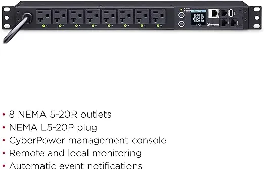 CyberPower PDU41002 Switched PDU, 100-120V/20A (Derated to 15A), 8 Outlets, 1U Rackmount