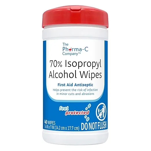 The Pharma-C Company 70% Isopropyl Alcohol Wipes [40 wipes] - IPA First Aid Antiseptic Wound Cleaner with Moisture Lock Lid. For minor cuts, scrapes, and burns.