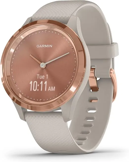 Garmin vívomove 3S, Hybrid Smartwatch with Real Watch Hands and Hidden Touchscreen Display, Rose Gold with Light Sand Case and Band (Renewed)