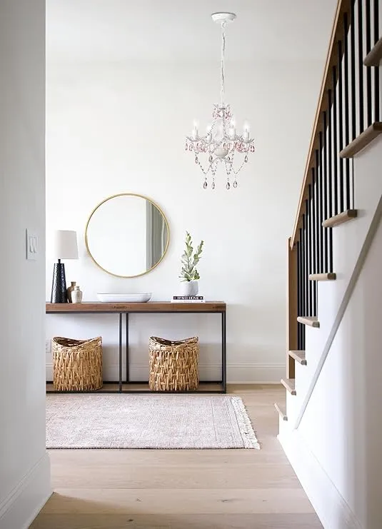 Pink Chandelier White Chandelier Lighting with Acrylic Crystals Mini 4 Lights Chandelier for Bedroom