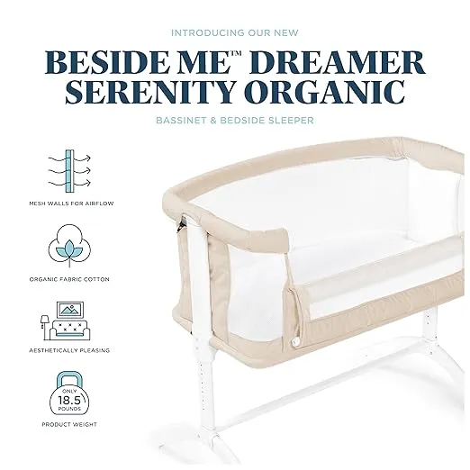 Baby Delight Beside Me Serenity Bassinet | Lightweight Bedside Sleeper & Baby Bassinet | 7-Position Height Adjustment | 100% GOTS Certified Organic Cotton Fabric | Organic Oat