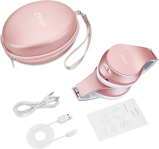 ZIHNIC Bluetooth Headphones Over-Ear, Foldable Wireless and Wired Stereo Headset Micro SD/TF, FM for Cell Phone,PC,Soft Earmuffs &Light Weight for Prolonged Wearing(Rose Gold)