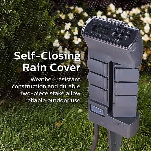 Philips Outdoor Digital Stake Timer, 6 Grounded Outlets, Light Sensing Power Stake Timer, Custom ON/Off, Rotating Outdoor Power Stake, Weather Resistant Light Timer, Outlet Stake, Green, SPC1236AT/27