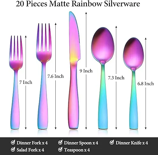 E-far 20-Piece Matte Rainbow Silverware Set, Stainless Steel Flatware Set for 4, Colorful Cutlery Set Include Forks Spoons and Knives for Kitchen Home Restaurant, Satin Finish & Square Edge Handle