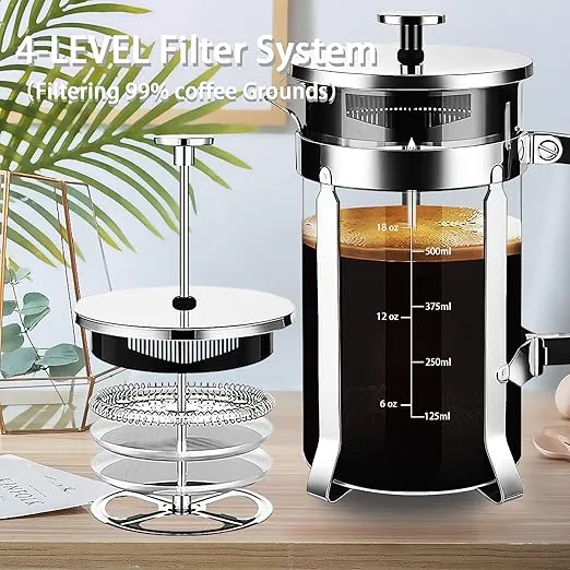 French Press Coffee Maker 21oz 304 Stainless Steel Coffee Press,with 4 Filters System, Heat Resistant Thickness Borosilicate French Press Glass, BPA-Free Brewed Tea Pot Coffee Plunger