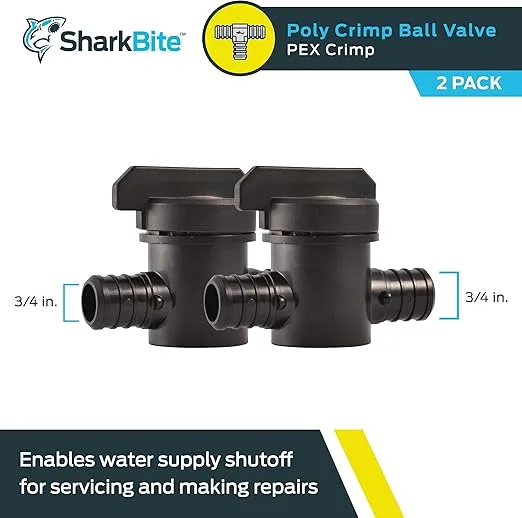 SharkBite 3/4 Inch Poly Crimp Ball Valve, Pack of 2, PEX Pipe, PE-RT, 24607Z2