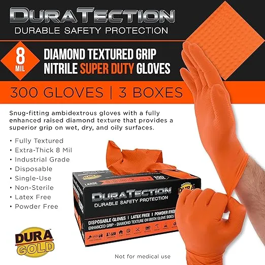 Dura-Gold Duratection 8 Mil Orange Super Duty Diamond Textured Nitrile Disposable Gloves