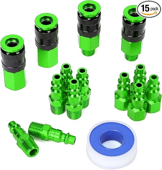 15 Pieces 1/4" NPT Aluminum Air Coupler and Plug Kit, Quick Connect Air Fittings, Industrial Quick Connector Set (Green)