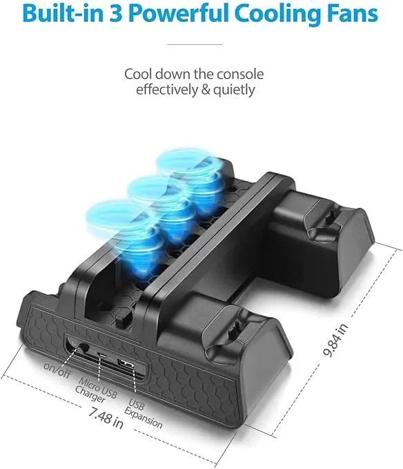 Vertical Stand for PS4/PS4 Slim/PS4 Pro - Cooling Fan with PS4 Charger Controller Charging Station with Game Storage (Black)