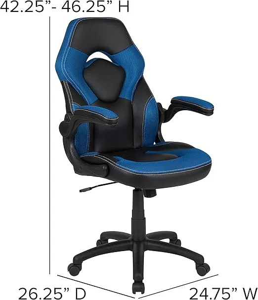 Flash Furniture X10 High-Back LeatherSoft Racing Style Gaming Chair with Flip-Up Arms, Ergonomic Padded Swivel Computer Chair, Blue/Black