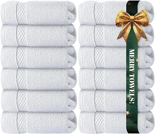 WhiteClassic Luxury Cotton Washcloths - Large Hotel Spa Bathroom Face Towel | 12 Pack | White