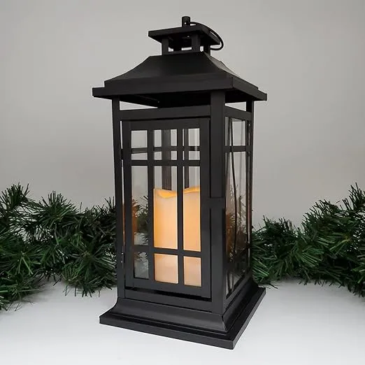 LumaBase Battery Operated Metal Lantern with LED Candle - 14" Black Window