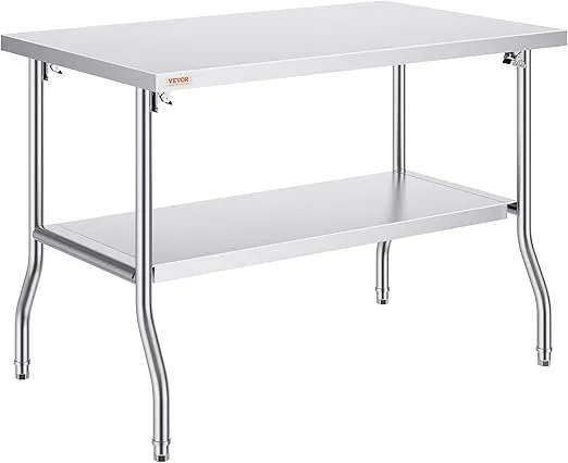 VEVOR Commercial Worktable Workstation 48x30 Inch Folding Commercial Prep Table, Double-Shelf Stainless Steel Folding Table, Kitchen Work Table with 772 lbs Load Silver Stainless Steel Kitchen Island