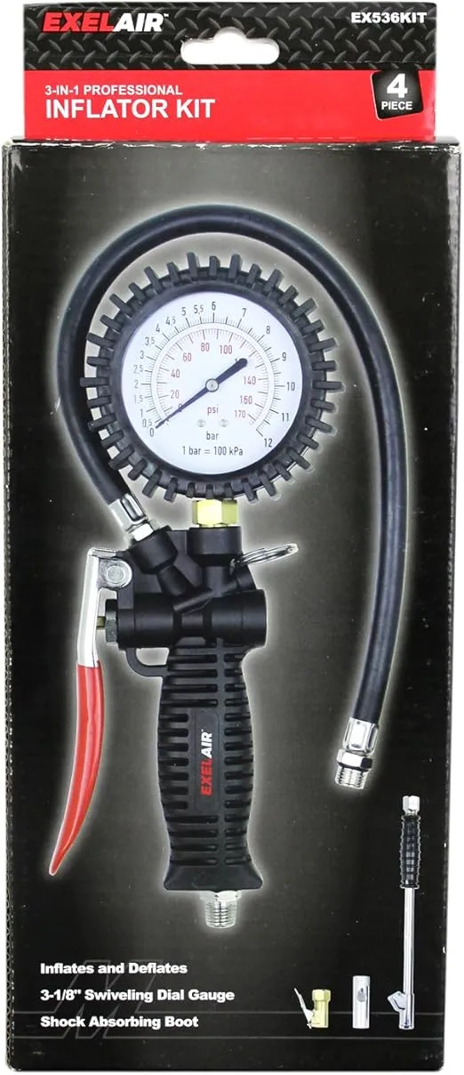 EXELAIR EX536KIT 3-in-1 Professional Analog Pistol Grip Tire Inflator/Deflator Gauge Kit - 16" Hose, Easy-Clip Chuck, Dual Foot Chuck, and Bonus Venturi Tip - 175 PSI