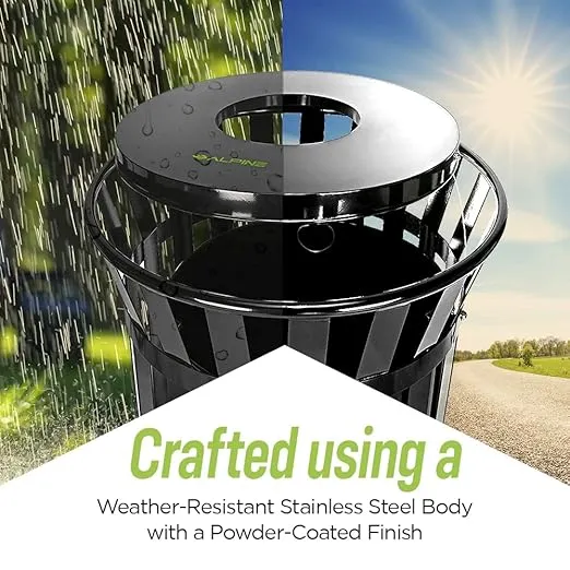 Alpine Commercial Outdoor Trash Can - 38 Gallon Heavy Duty Metal Garbage Can with Lid & Liner, All Weather Resistant Large Outside Trash Can Used in Park, School. Parking, Beach (Black - Open Top)