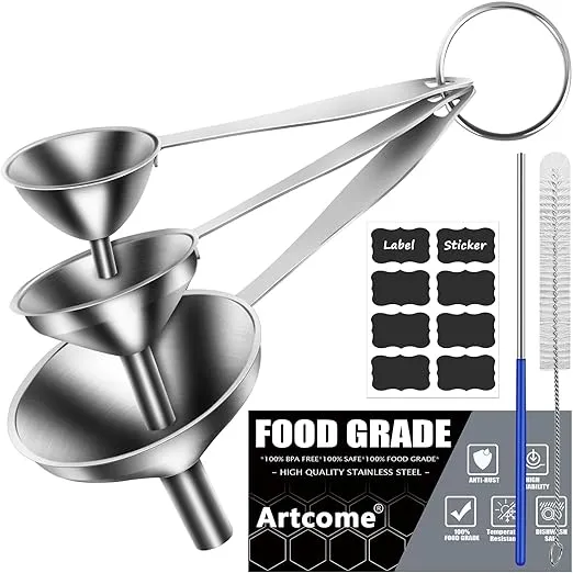 Artcome 3 Pcs Stainless Steel Kitchen Funnel Set with Long Handle, Food Grade 3-in-1 Metal Funnel for Transferring Liquid, Powders and Particles - Dispensing Funnels - Mini Funnels - Dish-Wash Safe