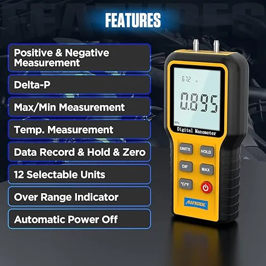 AUTOOL Digital Manometer, Dual-Port Manometer Gas Pressure Tester, Handheld HVAC Manometer, 12 Selectable Units Differential Pressure Gauge, Large LCD Display with Backlight