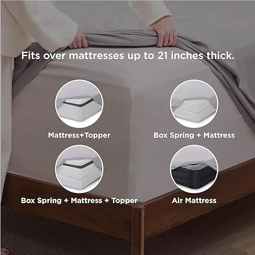 Bedsure Deep Pocket Queen Sheets Set - Fits Mattresses Up to 21" Thick, 4 Piece Air Mattress Sheets with Deep Pocket, Moisture Wicking Soft Cooling Bedding Sheets & Pillowcases, Light Grey