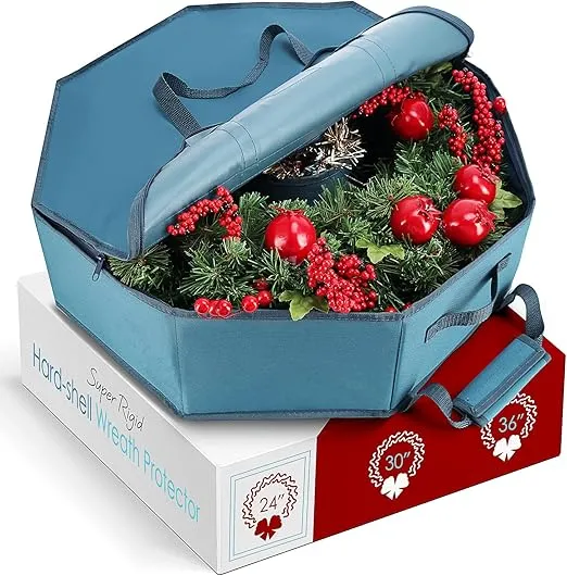 Wreath Storage Container - Hard Shell Christmas Wreath Storage Bag with Interior Pockets, Dual Zipper and Handles - 24" Premium Wreath Storage Organizer Box by Hearth & Harbor