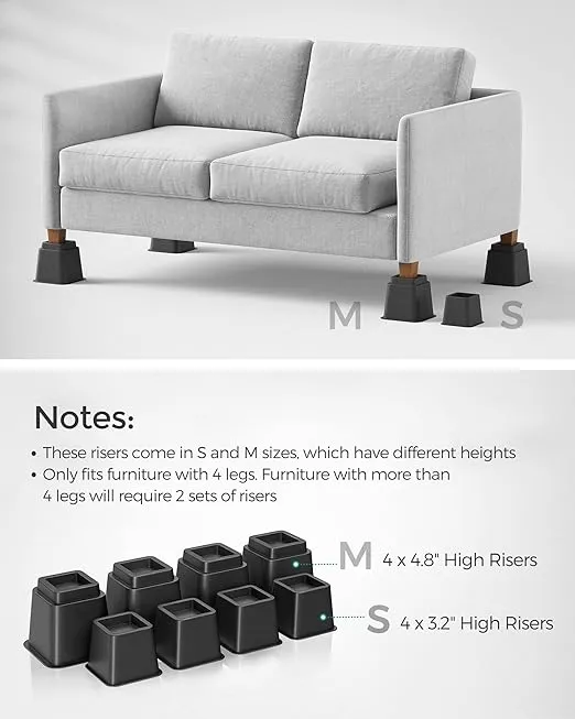 SONGMICS Bed Risers, 4-Pack Furniture Risers, Heavy Duty Bed Lifts in Heights of 3, 5 or 8 Inches, Lifts up to 1300 lb, Stackable Risers for Sofa, Table Legs Extenders, Black UCDG001B01