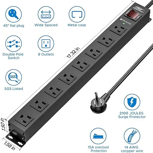 CRST 8 Outlet Metal Heavy Duty Power Strip, 2100J Power Strip Surge Protector, 6FT Cord Mountable Power Strip for Home Office Garage Workshop School, Wide Spaced Industrial Power Strip15A/1875W
