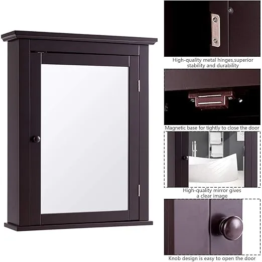 Tangkula Bathroom Cabinet with Mirror, Mirrored Wall-Mounted Storage Medicine Cabinet w/Single Door & Adjustable Shelf in 5 Positions, Multipurpose Wall Cabinet for Bathroom (Brown)