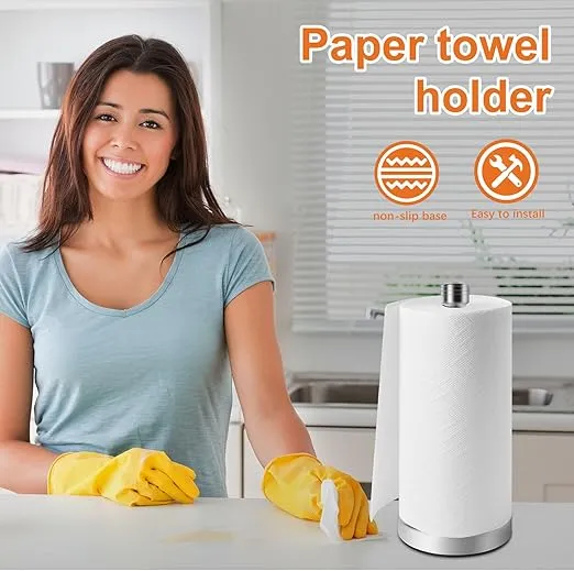 Stainless Steel Paper Towel Holder Designed for Easy One-Handed Operation - This Sturdy Weighted Paper Towel Dispenser Countertop Model Has Suction Cups and Holds All Paper Towel Rolls