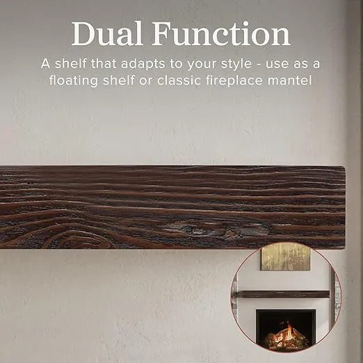 Dakota 60 Inch Floating Fireplace Mantel Shelf | Warm Walnut | Handcrafted Natural Pine Wood Shelves | Rustic Farmhouse Wall-Mounted Mantel for Fireplaces & Home Decor | 60” W x 3” H x 8” D