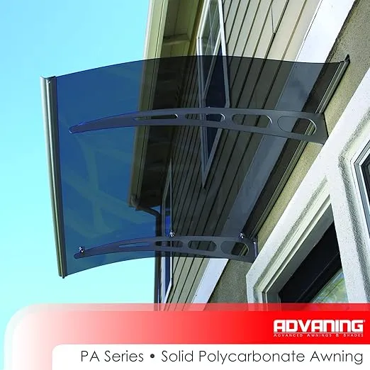ADVANING DA4735-PSS2A PA Series, Premium Quality Gray Polycarbonate Door/Window Awning Ideal for Rain, Snow and UV Protection, 47"W x 35"D, Tinted/Silver Brackets