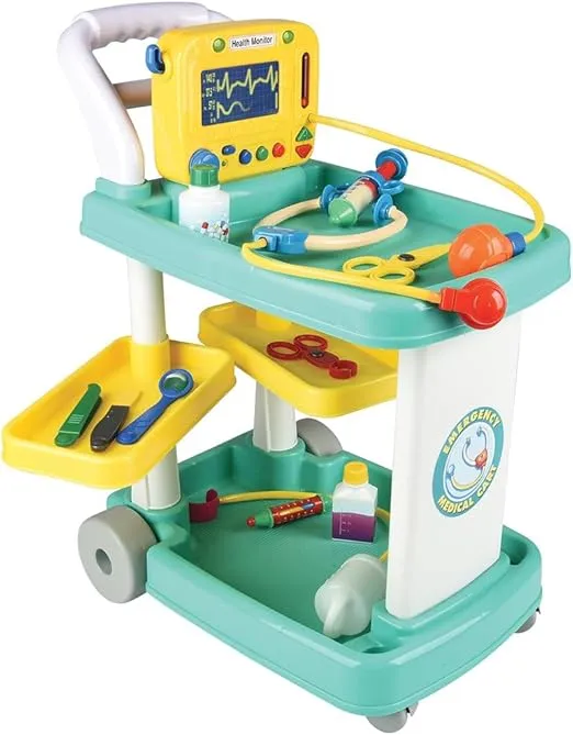 Constructive Playthings Deluxe Doctor Kit for Toddlers 3-5, Pretend Play Toy Medical Station, Includes Rolling Cart with Pullout Shelves and Medical Supplies, Blue & White, 15-Piece Kids Playset