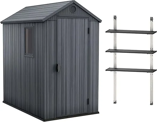 Keter Darwin 4 x 6 Foot Outdoor Garden Tool Storage Shed Backyard Utility Organizer Bundled with 40 Inch Steel Shelving Kit, Graphite Gray